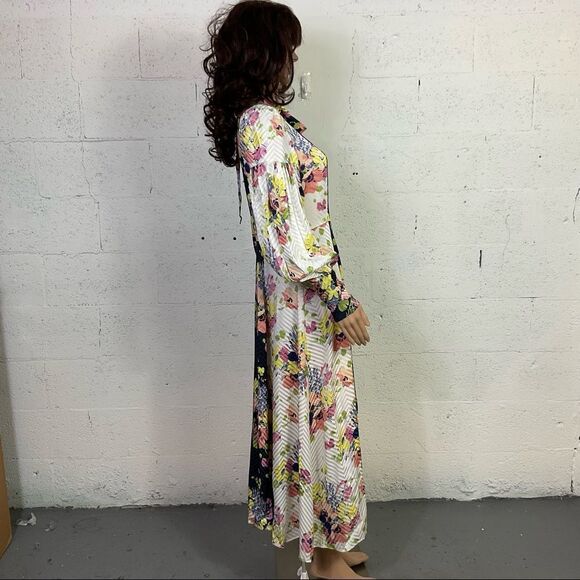 Jill Stuart Paola Mixed Floral Print Tie Neck Long Sleeve Silk Midi Dress 4 - Picture 6 of 10